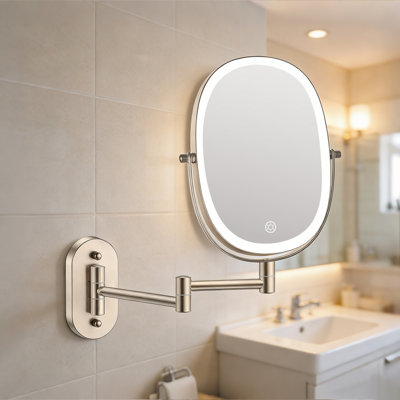 Darianny Nickel Metal Oval LED Lighted 7X Magnifying Wall Mounted Vanity Bathroom Makeup Mirror