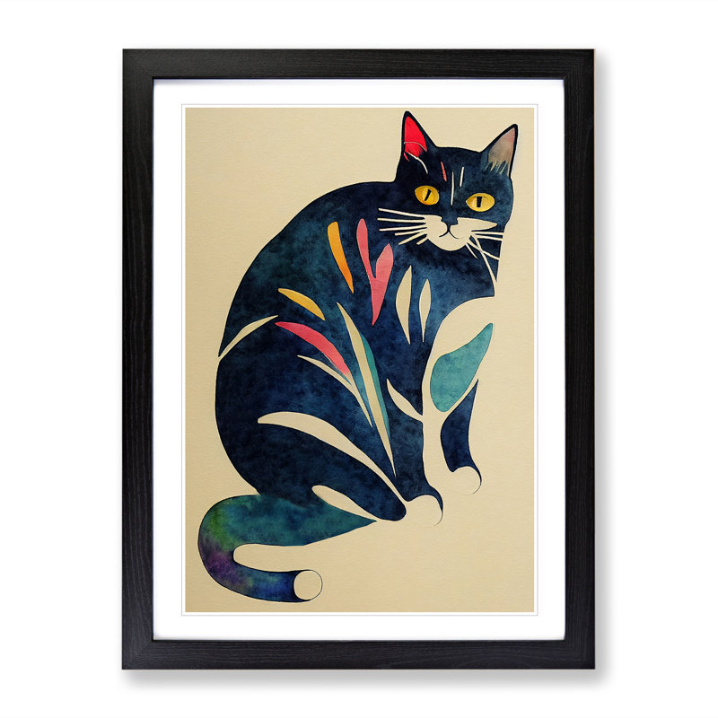Cat Watercolour No.2 - Painting, 36cm H x 27cm W x 2cm D, White, Black Framed