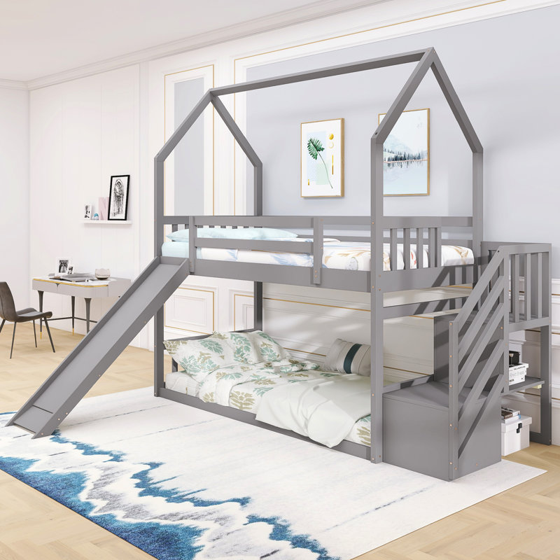 Twin Over Twin Bunk Bed With Slide And Staircase, Gray