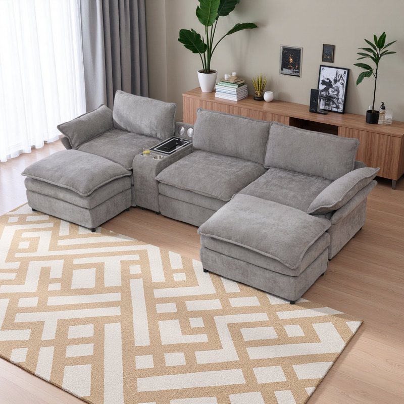Canapé modulaire en U en forme de U, console de rangement à chargement sans fil, 2 porte-gobelets, haut-parleurs Bluetooth