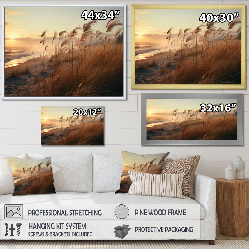 " Minimalism Grass Landscape ", 34" H x 44" W x 1.5" D, Gray Picture Framed