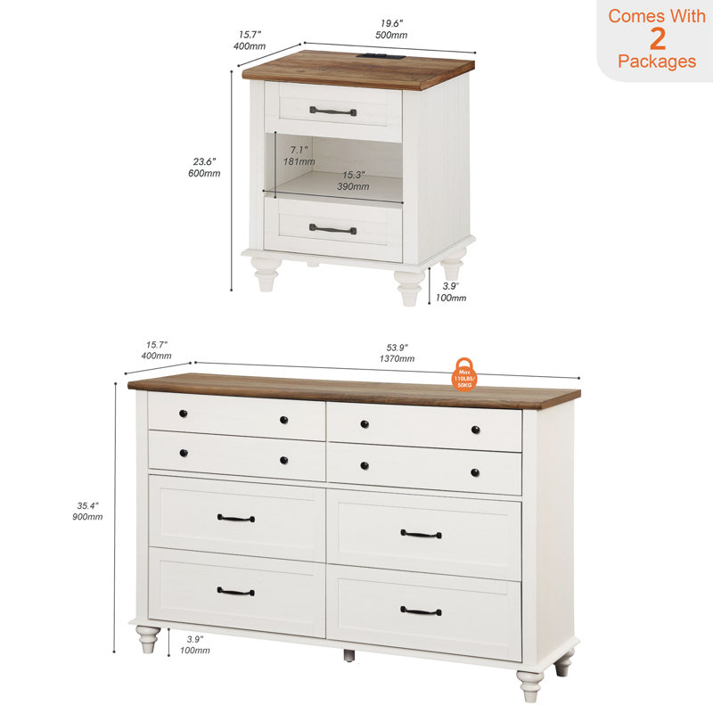 Ensemble de chambre à coucher 2 pièces Darim, Blanc cassé