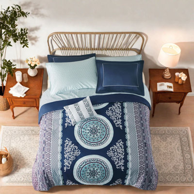 Ensemble de literie de qualité supérieure Boho, lit simple TG en polyester, motif médaillon bleu marine pour les chambres confortables