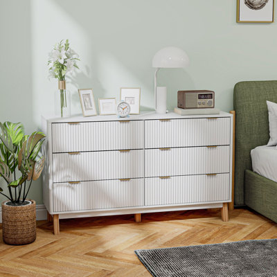 Fluted Dresser for Bedroom with 6 Drawers, 54" Wide Chest of Drawers with Gold Finger Pulls and 5 Wood Legs