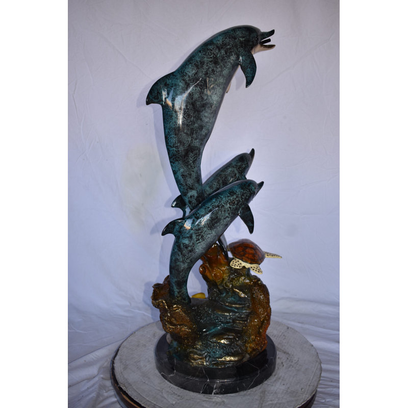 Bronze Three Dolphins Swim next to a Sea Turtle Fountain
