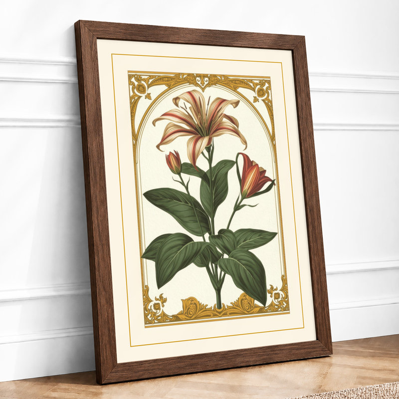 Flowering Plant with Golden Frame Botanical - Framed Print, A2 - 59.4 x 42.0 cm, Walnut