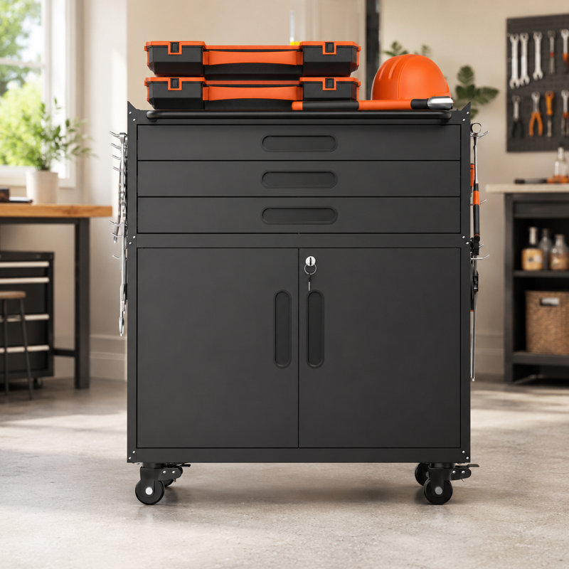 34.3" Rolling Metal Tool Cabinet with Lockable Doors, 3 Drawers, Adjustable Shelf & Pegboard Side Panels, Heavy-Duty Mobile Workbench Organizer for Garage, Workshop & Home, Powder-Coated Cold-Rolled Steel