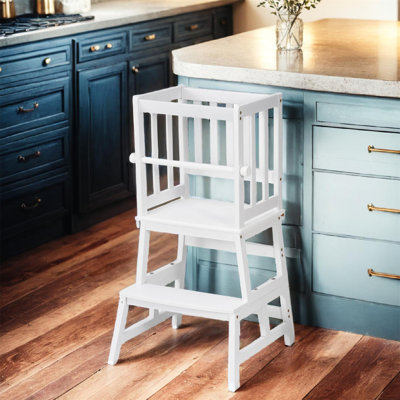 COSYLAND Anti-tip Kids Kitchen Step Stool, Natural-bamboo Toddler Standing Tower With Anti-drop Bar
