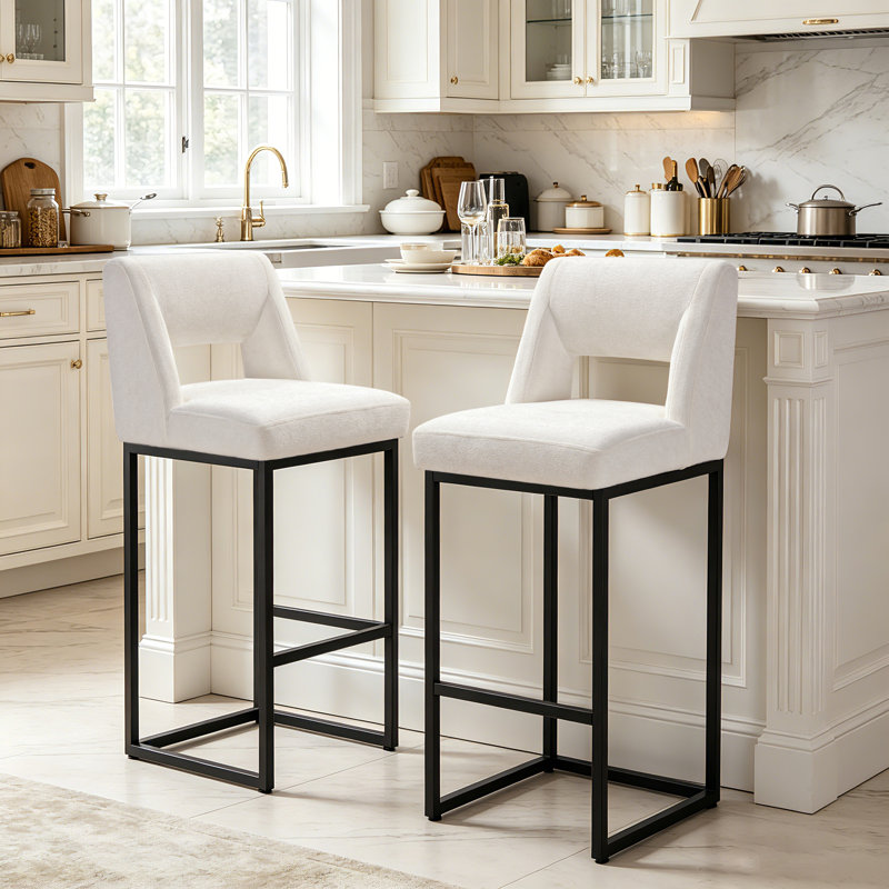 26" Upholstered Counter Barstool With Low Back And Metal Frame Modern Kitchen Island Seating, White Seat/ Black Frame