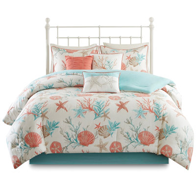 Ensemble de literie pour très grand lit 7 pièces en coton avec des coquillages imprimés, des étoiles de mer, des coraux et des coussins décoratifs côtiers Steam Pebble Beach