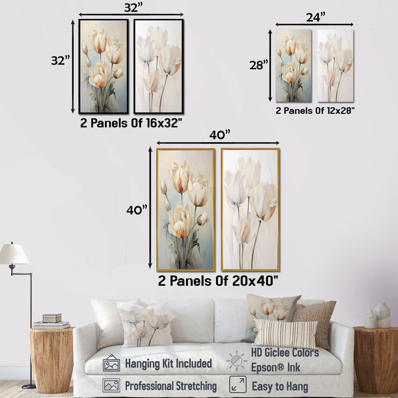 Minimalism Beige Tulips Symphony - Tulips Wall Decor Set Of 2, 28" H x 25" W, Wrapped Canvas