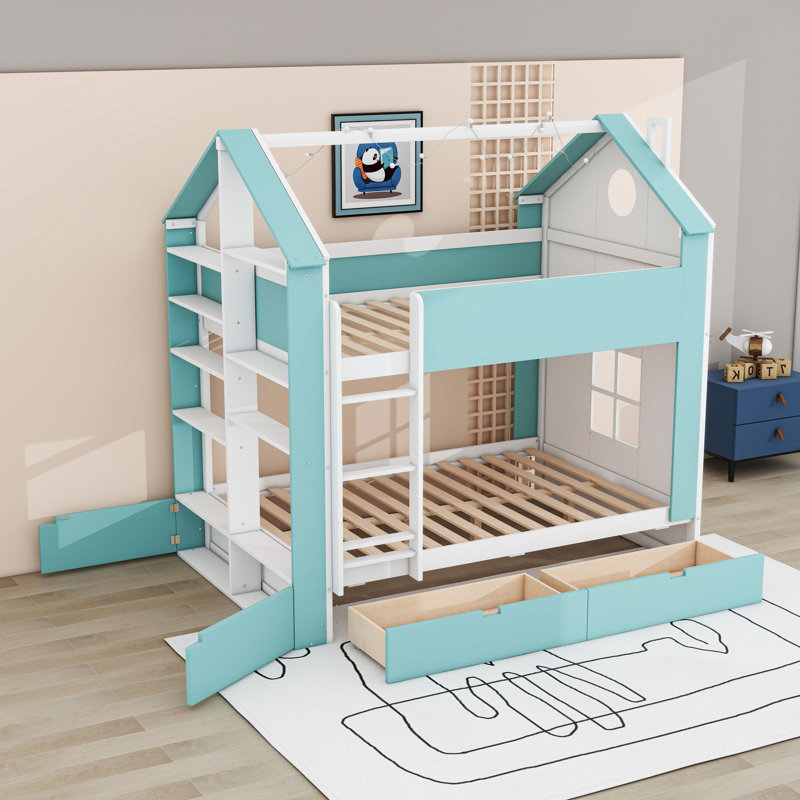 Lit superposé double au-dessus de double avec tablettes, bande lumineuse à DEL intégrée et garde-corps, Bleu blanchi