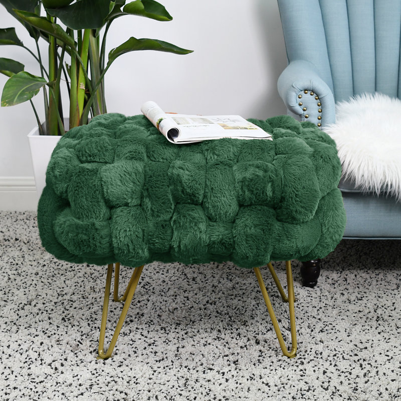 Deya Upholstered Ottoman, Dark Green Faux Fur