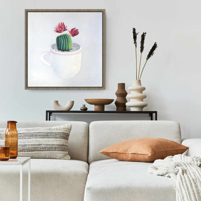 White Floral Exotic Canvas - Mini Cactus in a Cup Decor