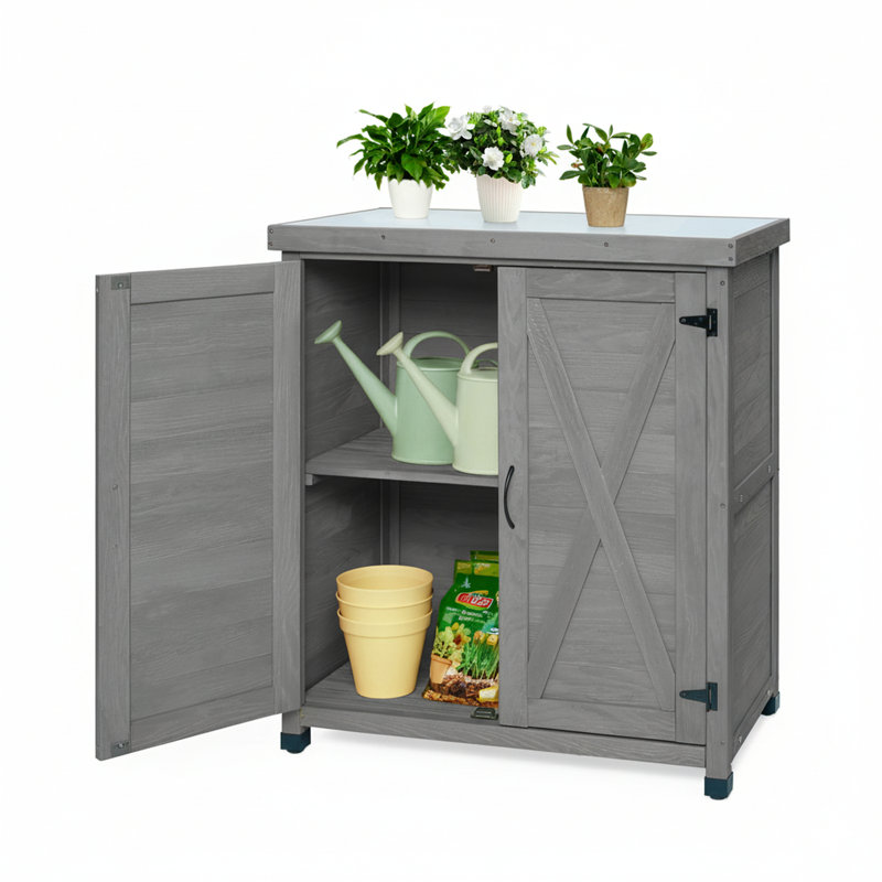 Banc de rempotage extérieur avec rangement et table en métal, poste de travail gris, design, pour balcons, garages