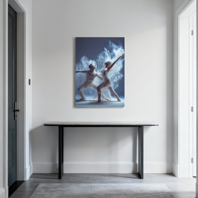 Ensemble de 1 tableau sur toile tendue représentant des danseuses de ballet en blanc avec effet de fumée, H 18 po x l 12 po