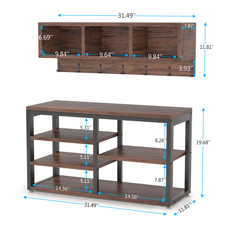Edalyn 31.5"  Wide Hall Tree with Bench and Shoe Storage, Rustic Brown