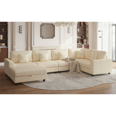 6- Piece U Shape Corduroy Modular Sectional Sofa Sleeper Couch with Storage Ottoman