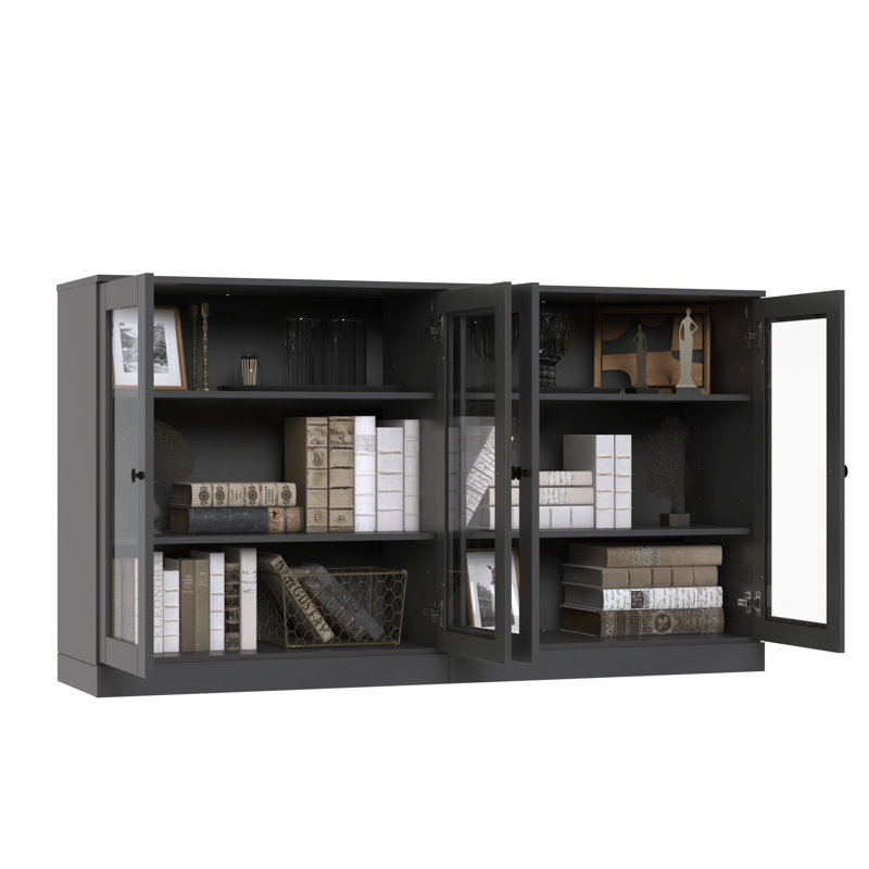 Buffet 100% bois massif 64 "avec portes en verre transparent et tablettes réglables, Gris