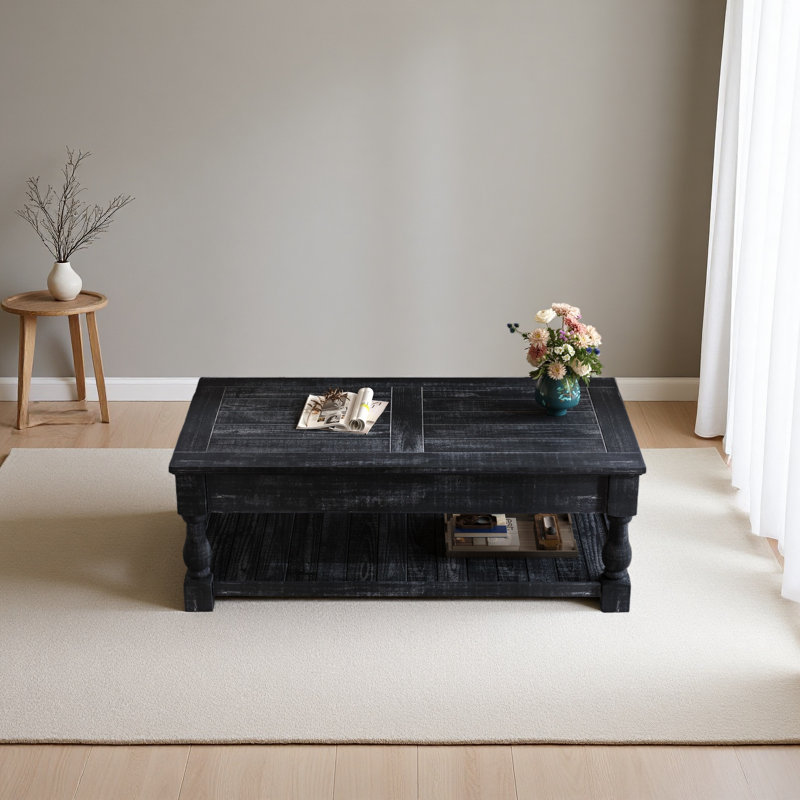 Table basse à plateau relevable avec tablette fixe Farmhouse, Noir antique, Noir antique