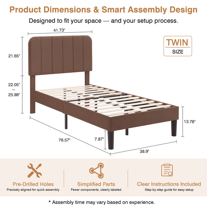 Bedias Set of 2 Twin Upholstered Platform Bed, Velvet Bed Frame with Vertical Channel Adjustable Headboard, Wooden Slats Support, No Box Spring Needed, Noise Free, Brown