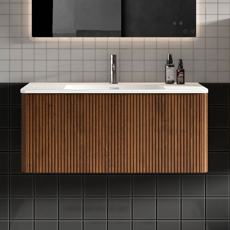 Meuble-lavabo mural simple avec comptoir avec trop-plein 36 po Hannemarie, Noyer, Matte White, 36"