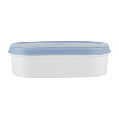 Restaurantware-Bento Tek 3.7 x 2.2 x 1.1 Inch Sauce Containers, 4 White Dipping Sauce Cups With Lids - With Blue Lid, Microwavable, Plastic Small Lunchbox Containers, Freezable, Dishwashable