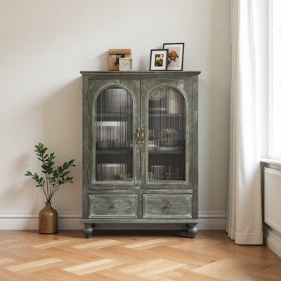 Armoire de rangement Farmhouse, armoire de cuisine en bois vieilli avec 2 portes en verre et 2 tiroirs, armoire de rangement rustique autoportante avec tablettes pour le salon