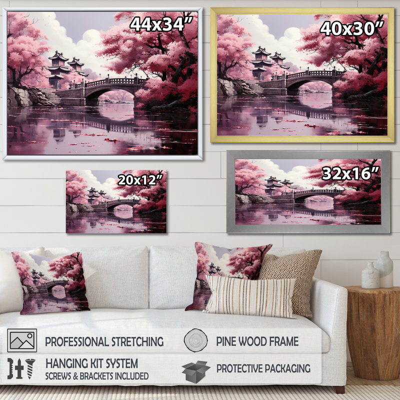 Art japonais, fleur de cerisier rose, pont, Japon, Cadre flottant noir, H 34 po x l 44 po x P 1,5 po