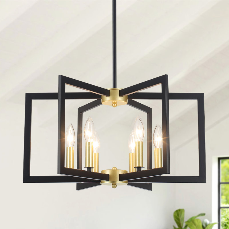 Lustre style lanterne carrée / rectangulaire à 6 lumières style bougie de style campagnard, Noir / or, Six lumières