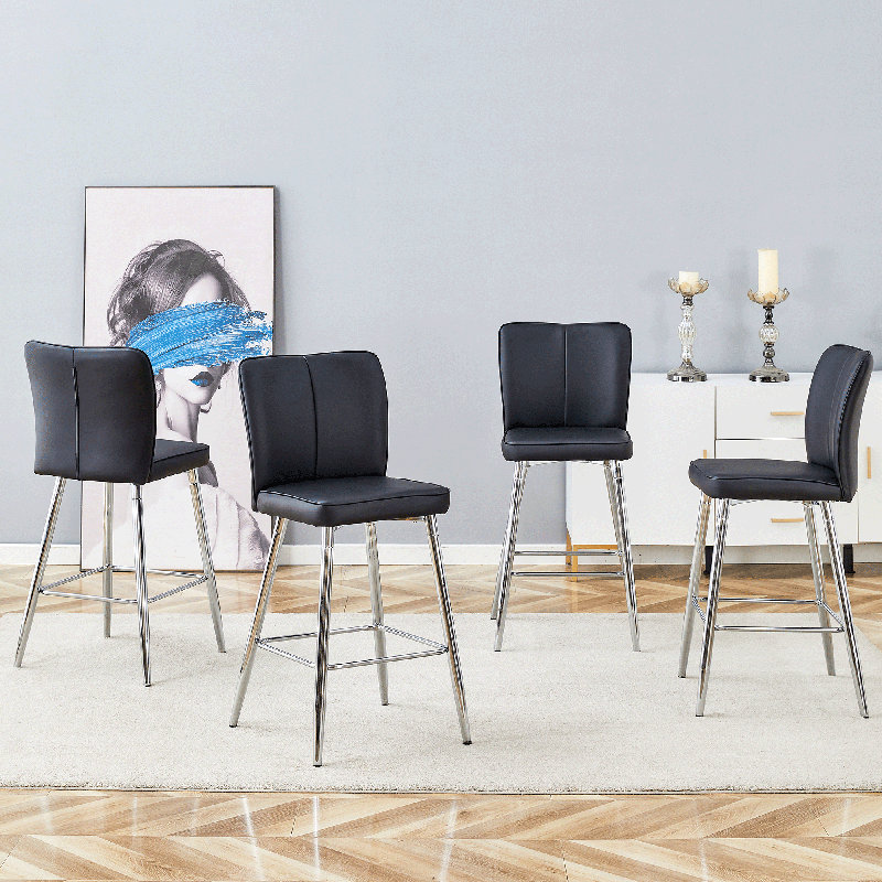 Tabouret de comptoir rembourré avec structure en métal, 6, Siège noir / structure argent