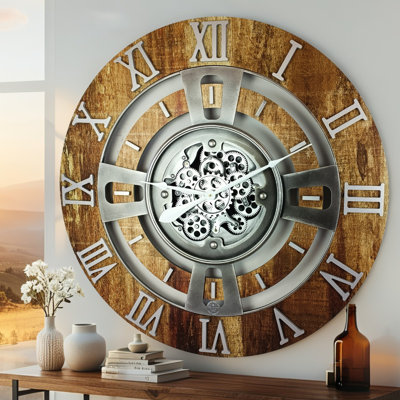 Wall Clock 24" Medium Sized for Living Room decor with Real Moving Gears England Collection