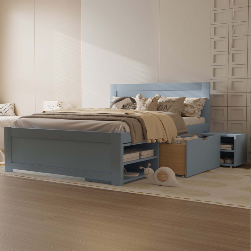 Lit plateforme double avec tiroir et deux tablettes, combinant rangement et confort pour une chambre à coucher propre et élégante