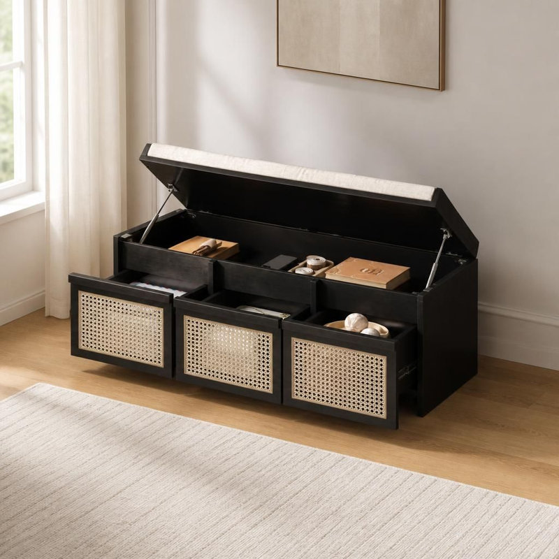 Banc de rangement polyvalent pour hall d'entrée de 48 pouces avec tiroirs en rotin respirant, coussin rembourré capitonné amovible, compartiment supérieur dissimulé à fermeture en douceur, cadre robuste pour l'organisation des sièges et des chaussures dans le couloir