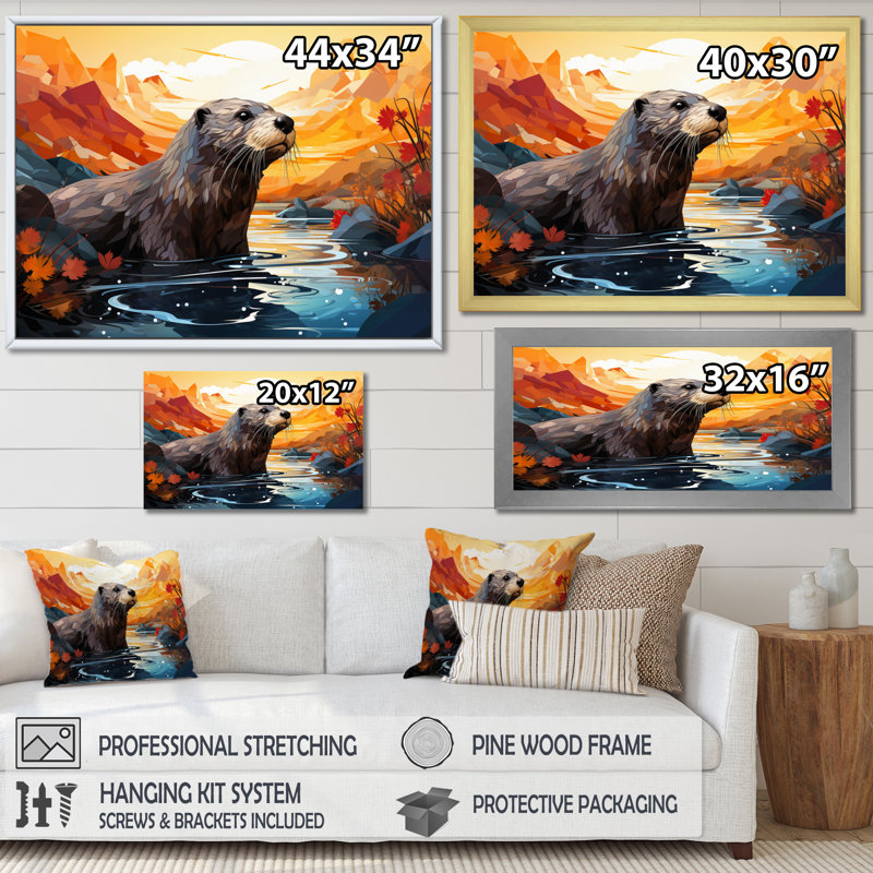 «Yellow Otter Playful River Dweller» sur toile, H 24 po x l 32 po x P 1 po, Toile tendue