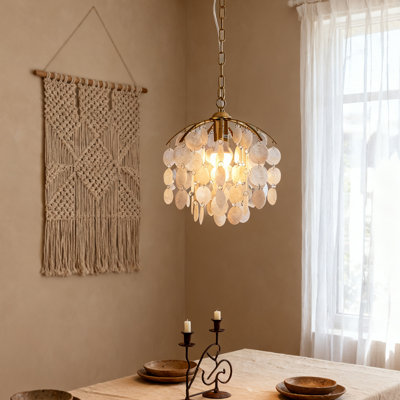 12.6 Inch Iridescent Capiz Shell Pendant Light Brushed Brass Graceful Coastal Seashell Discs Chains Chandelier