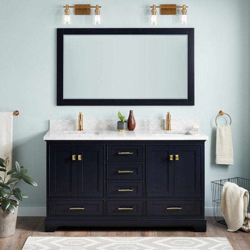 Quen 60" Freestanding Double Basin Vanity Set with Cabinet, Vanity Topss, Midnight Navy Blue, Carrara Marble, Single Hole