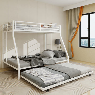 High - Stability Square Tube Bunk Bed, Featuring Ladder & Rolling Trundle, Modern Minimalist Look, Strong Load - Bearing For Home, Dormitory & Guest Room Needs
