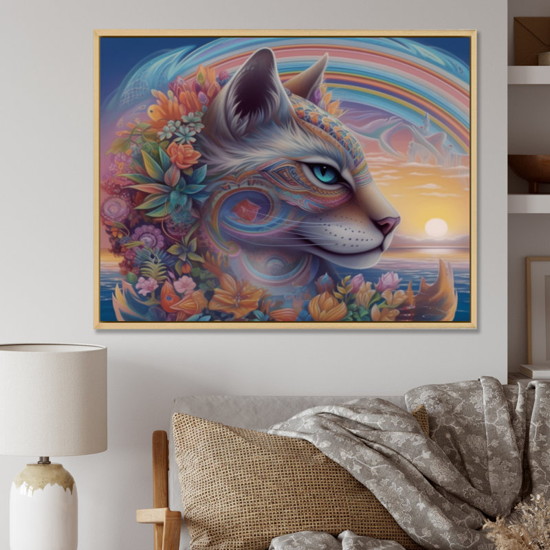 Chat arc-en-ciel magique avec fleurs sur toile, H 30 po x l 40 po x P 1,5 po, Cadre naturel flottant