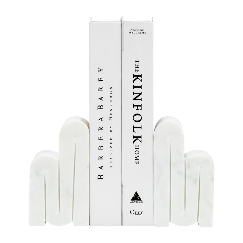 Ensemble de 2 serre-livres en marbre à motif abstrait tourbillon blanc
