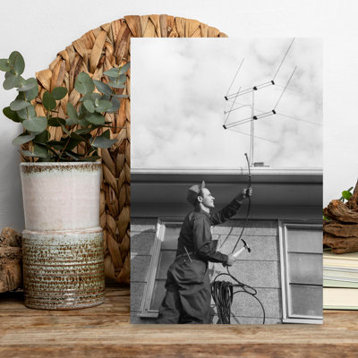 1950S 1960S Man Worker On Ladder Running Television Cable To Antenna On Roof Of House Classic Retro Vintage Architecture Wall Art