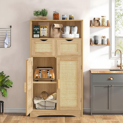 Storage Cabinet With 2 Drawers & Adjustable Shelves, Rattan Cabinet, Kitchen Pantry Cabinets, Cupboard For Living Room, Kitchen, Home Office, Natural