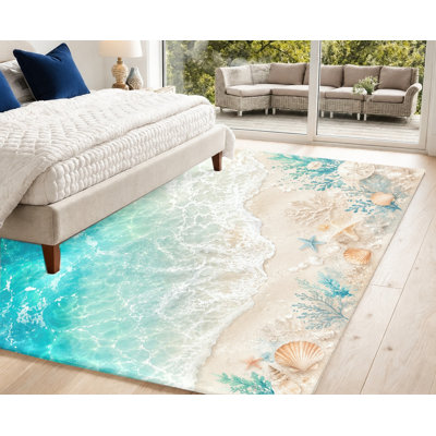 Tapis de plage à motif vagues océaniques, sable, coquillages et eau turquoise réalistes, design artistique, antidérapant, décoration intérieure vibrante pour salon, chambre, entrée, cuisine, balcon, appartement