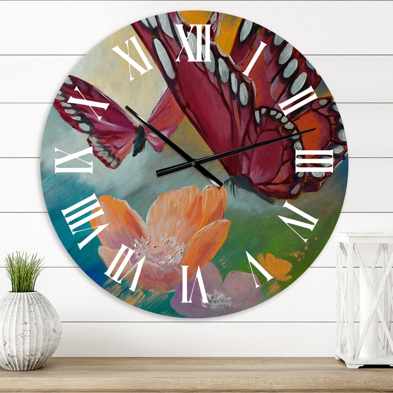 Papillon sur fleurs roses - Horloge murale traditionnelle, Petit