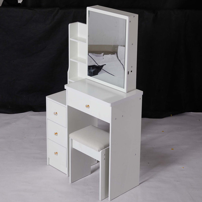 29.2" Small Space Left Bedside Cabinet Vanity Table + Cushioned Stool,Extra Large Right Sliding Mirror,Multi Layer High Capacity Storage,Practical Fashionable Dresser,Suitable for Small Space