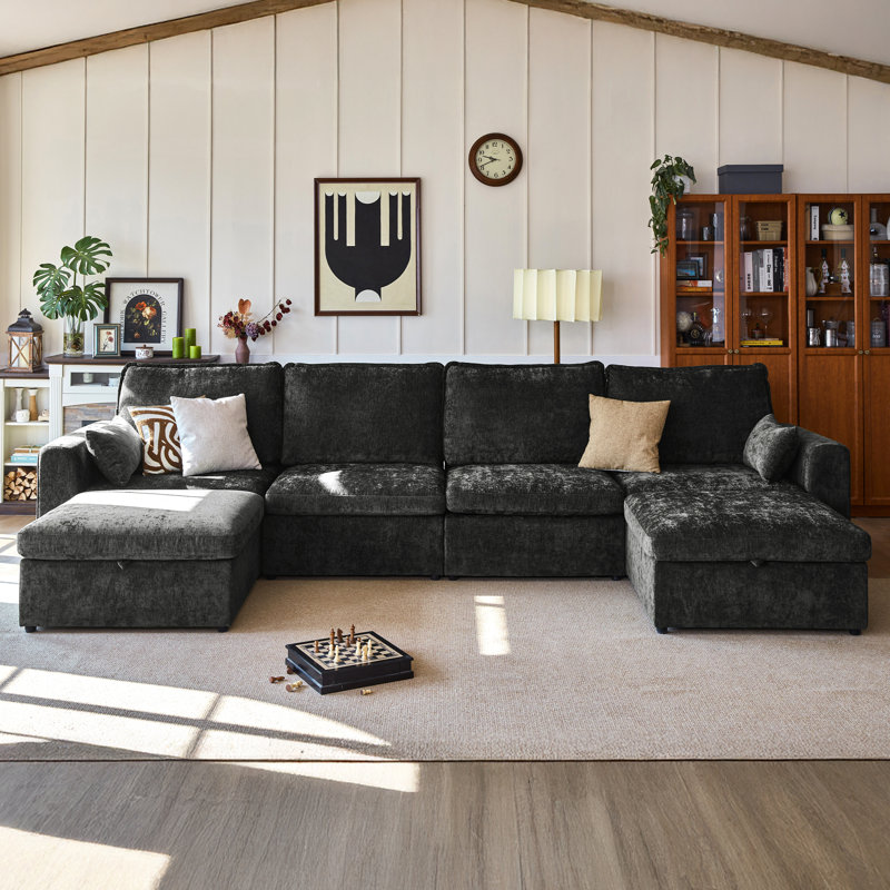 6-seater Oversized Modular Sofa  Chenille Comfy Cloud Couch With Storage Deep Convertible Sectional Sleeper Sofa Bed Pet Friendly Covers Washable With 3 Ottomans