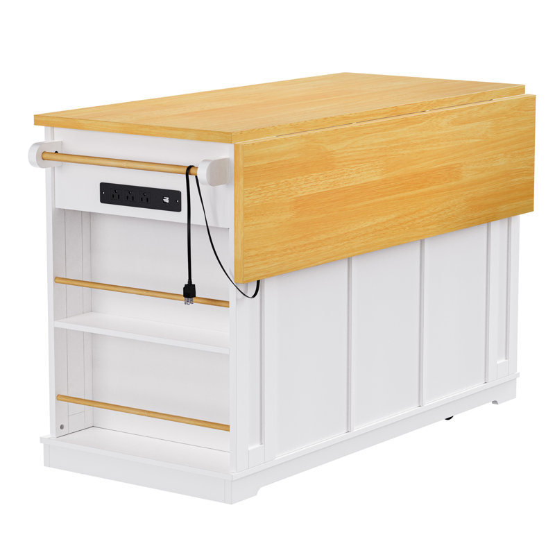 Îlot de cuisine 53 po avec rangement interne, rallonge de 50 W, prise de courant, chariot roulant, finition blanche 5, Blanc