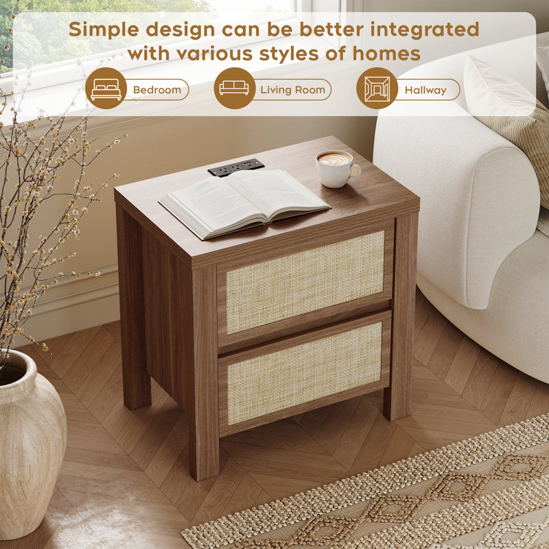 Retro Minimalism 2-drawer Nightstand With Charging Station, Dark Brown