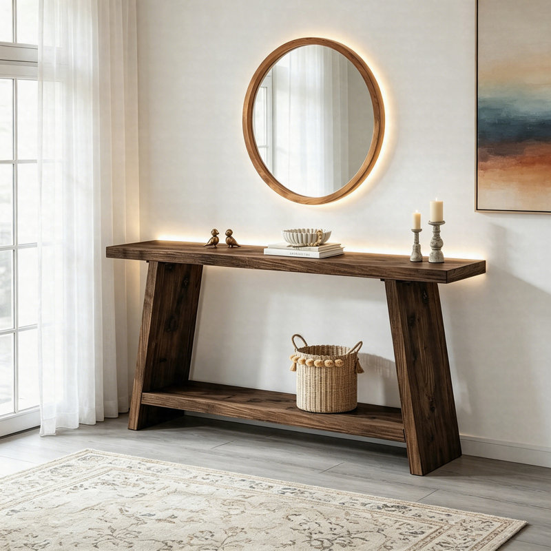 Console en bois massif 70,9 po, table de ferme à 2 niveaux avec canapé, table de rangement pour le vestibule, Marron foncé