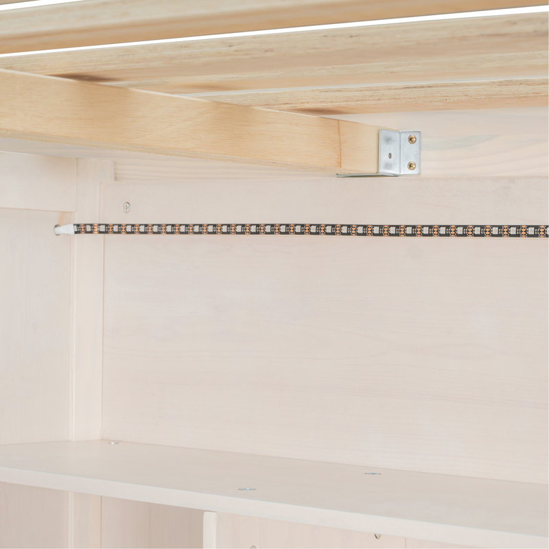 Lit mezzanine beige avec garde-robe intégrée, bureau d'étude, rangement ouvert et lumières à DEL, configuration d'espace pour les chambres d'adolescent et chambre à coucher double